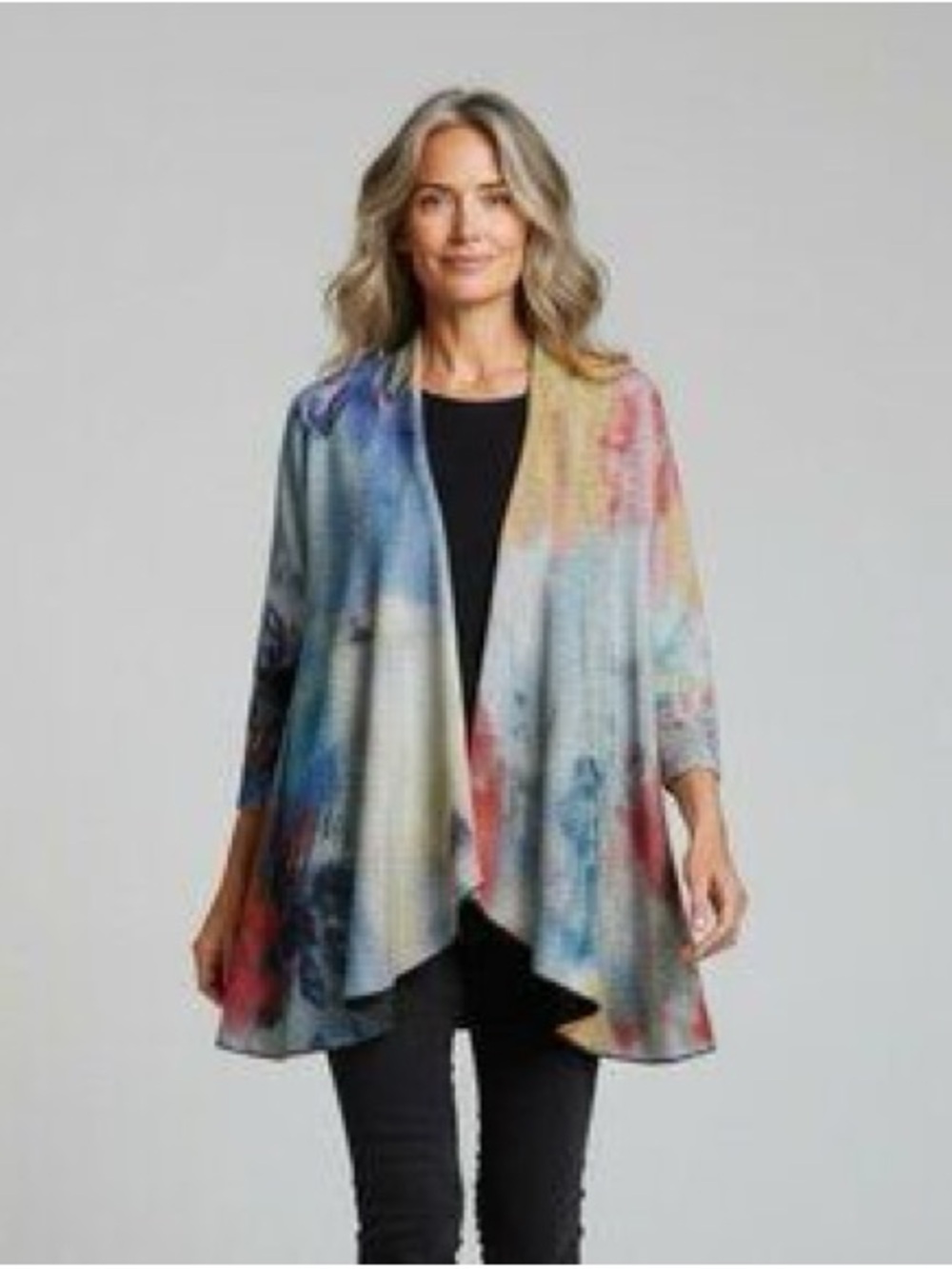 Vintage Radzoli Watercolor Brush Art Open Cardigan Shrug Rainbow Blue Red Yellow